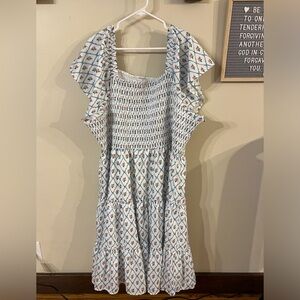 Ivy City Co White and Blue Floral Smocked Dress